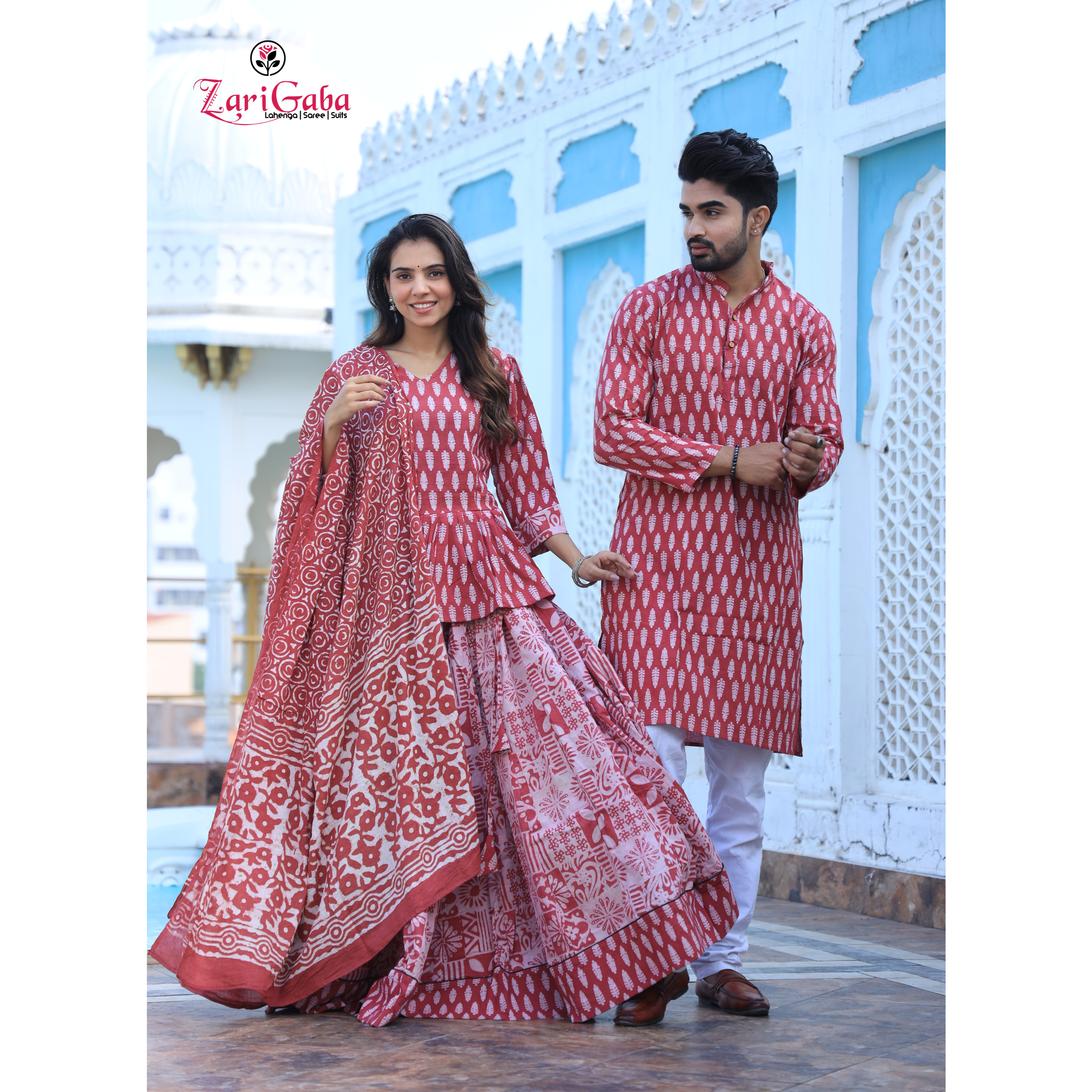 Rose Gold Ethnic Women’s Chaniya Choli & Men’s Kurta set