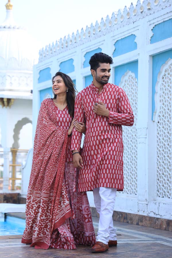 Rose Gold Ethnic Women’s Chaniya Choli & Men’s Kurta set