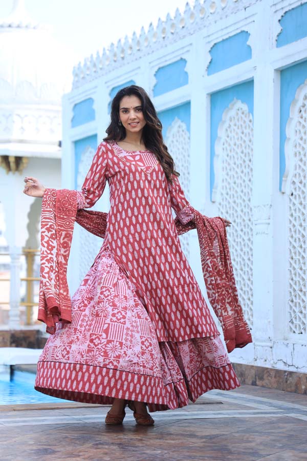 Red Archives Long Kurta & Skirt With Dupatta