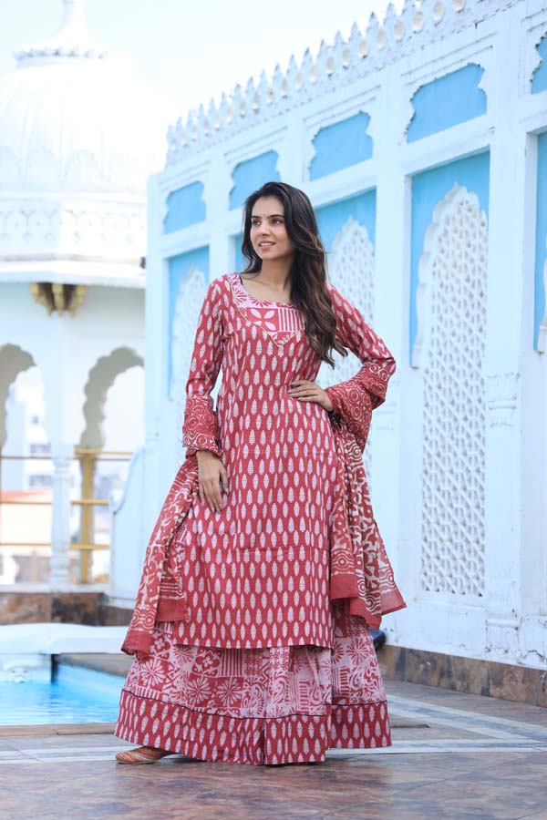 Red Archives Long Kurta & Skirt With Dupatta