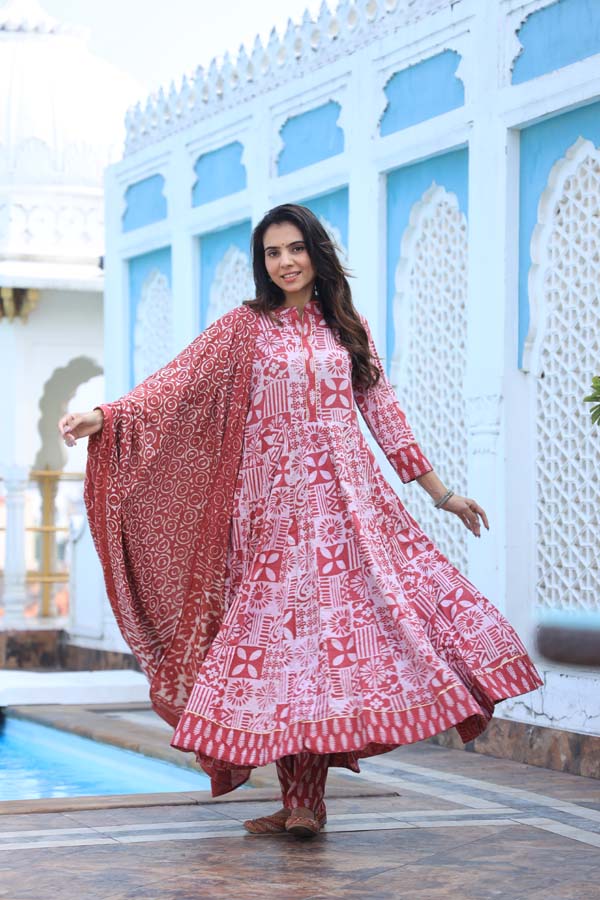 Pink Pearl Anarkali Suit With Mulmul Dupatta