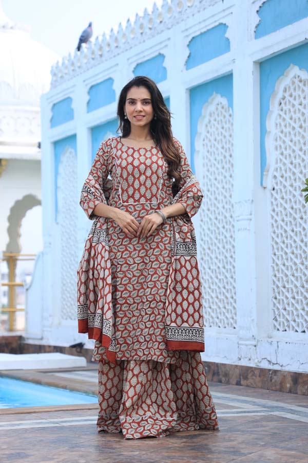 Copper Rose Long Kurta & Skirt With Dupatta