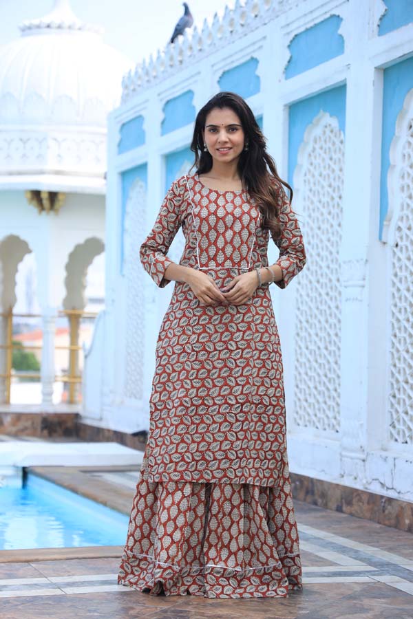 Copper Rose Long Kurta & Skirt With Dupatta