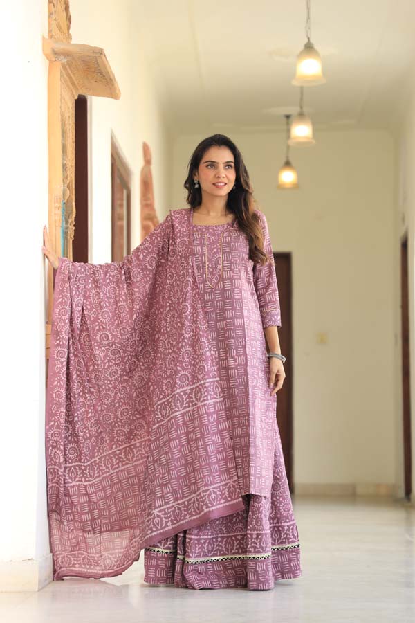 Ruddy Pink Long Kurta & Skirt With Dupatta