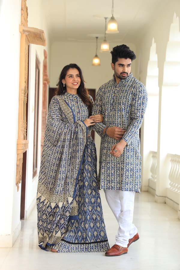 Air Force Blue Ethnic Women’s Chaniya Choli & Men’s Kurta Set