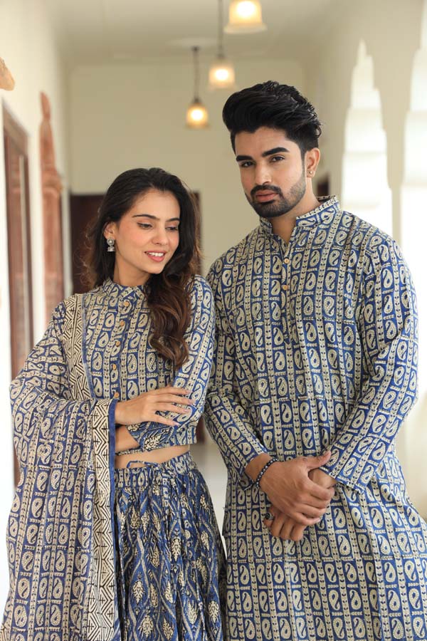 Air Force Blue Ethnic Women’s Chaniya Choli & Men’s Kurta Set