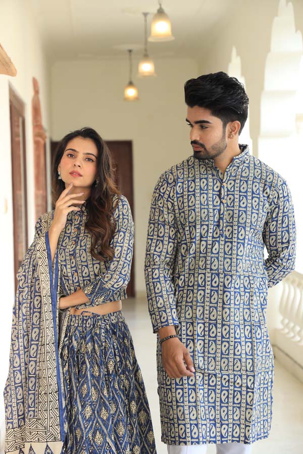 Air Force Blue Ethnic Women’s Chaniya Choli & Men’s Kurta Set