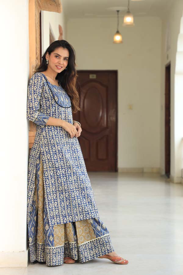 Electric Blue Long Kurta & Skirt With Dupatta