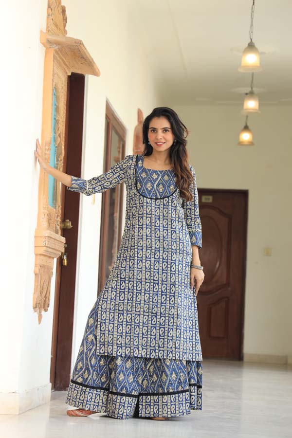 Cadet grey Long Kurta & Skirt With Dupatta