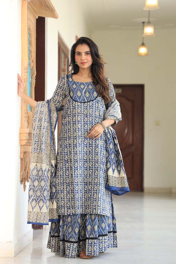 Cadet grey Long Kurta & Skirt With Dupatta