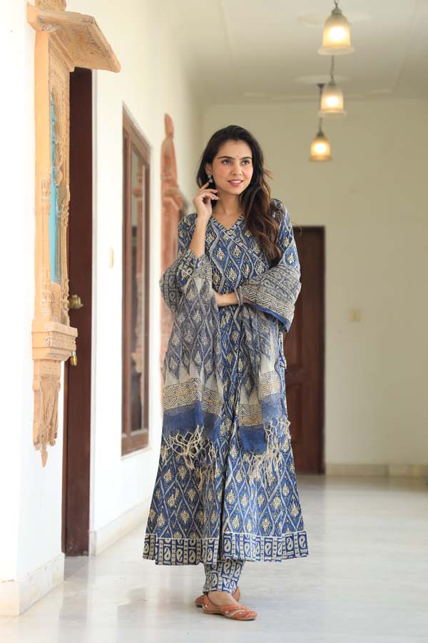 Dim Blue Anarkali suit with Mulmul Dupatta