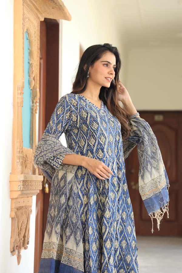 Dim Blue Anarkali suit with Mulmul Dupatta