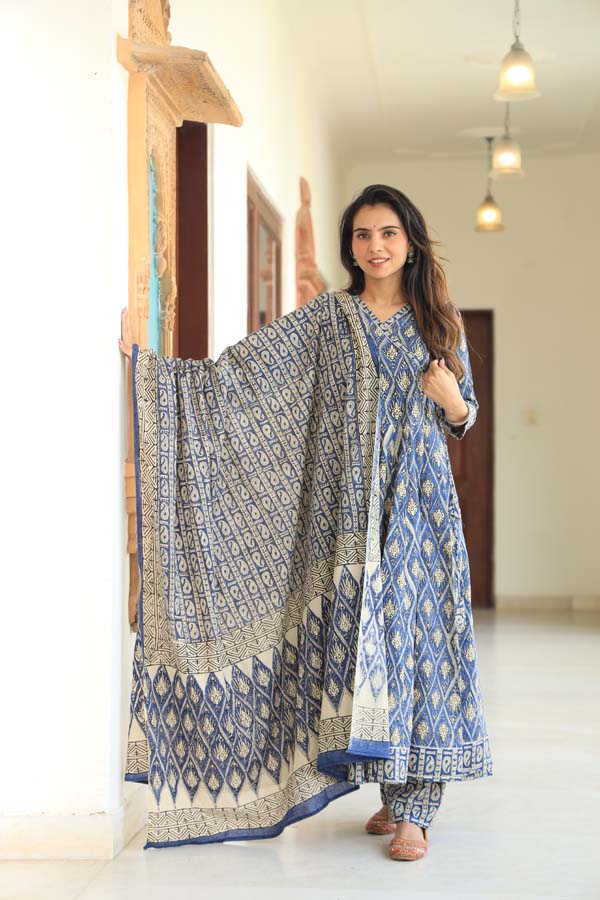 Dim Blue Anarkali suit with Mulmul Dupatta