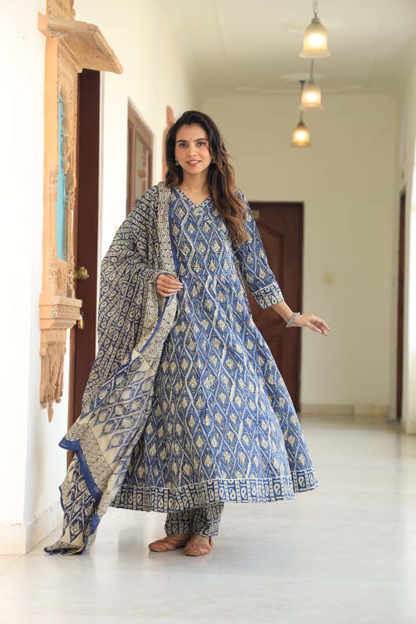 Dim Blue Anarkali suit with Mulmul Dupatta