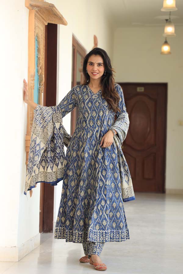 Dim Blue Anarkali suit with Mulmul Dupatta