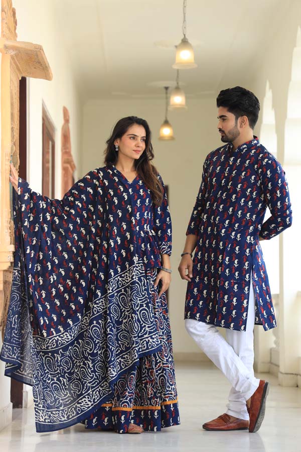 Dark Blue Ethnic Women’s Chaniya Choli & Men’s Kurta set