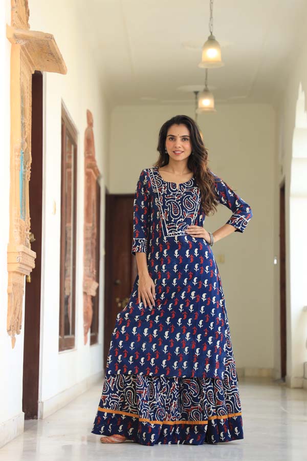 Oxford Blue Long Kurta & Skirt With Dupatta