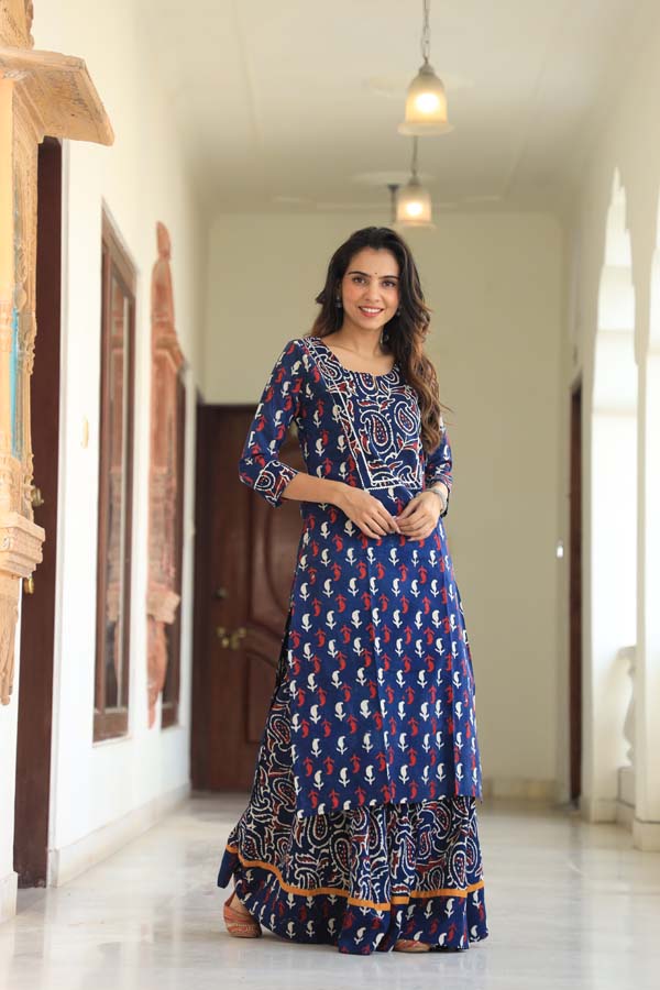 Oxford Blue Long Kurta & Skirt With Dupatta