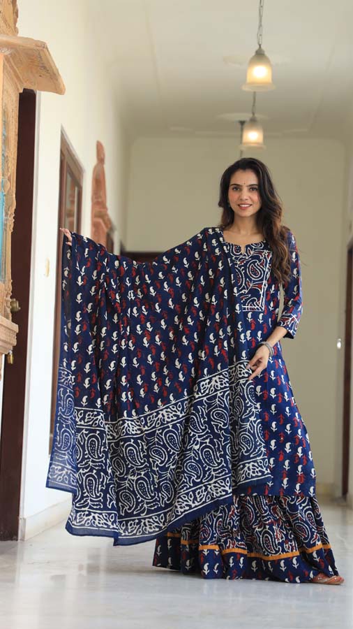 Oxford Blue Long Kurta & Skirt With Dupatta