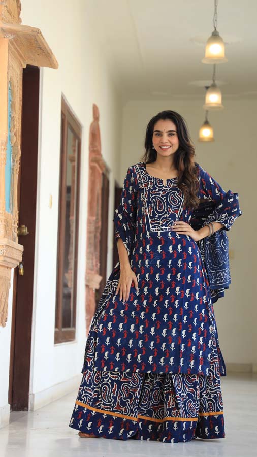 Oxford Blue Long Kurta & Skirt With Dupatta