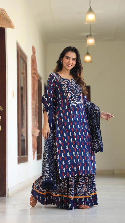 Oxford Blue Long Kurta & Skirt With Dupatta