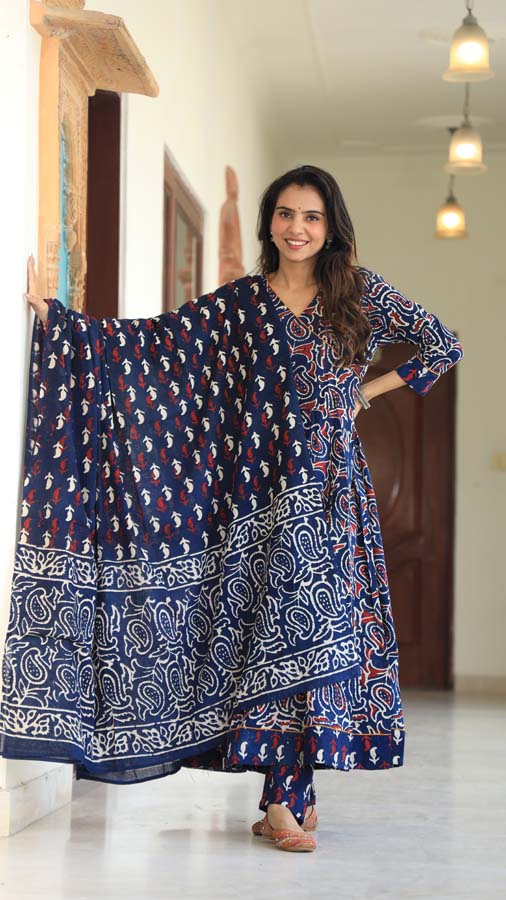 Dark Blue Anarkali suit with Mulmul Dupatta