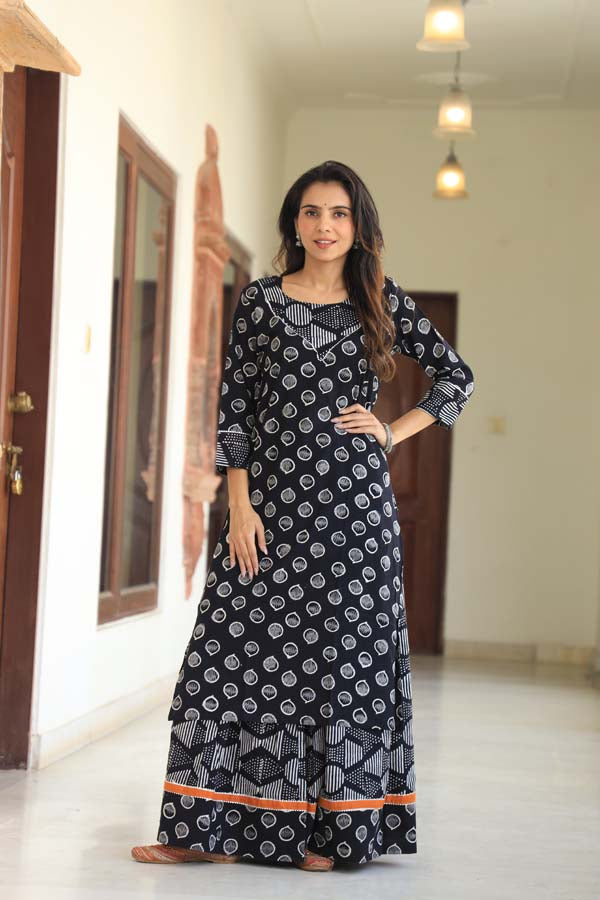 Dark Blue Long Kurta & Skirt With Dupatta