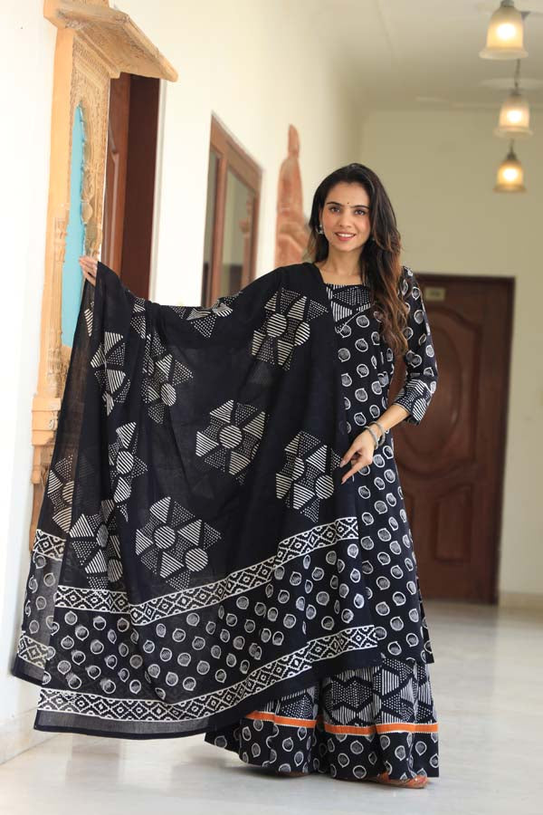 Dark Blue Long Kurta & Skirt With Dupatta