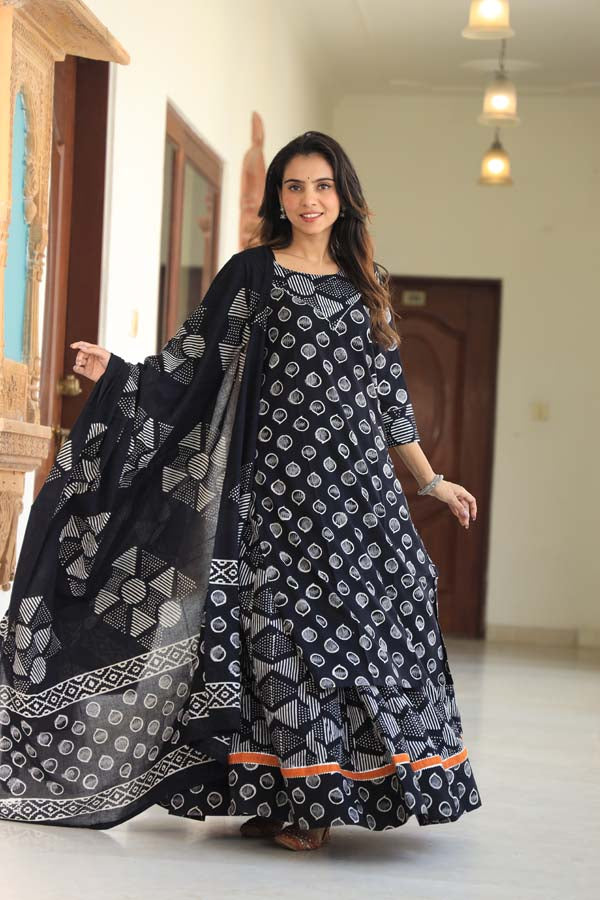 Dark Blue Long Kurta & Skirt With Dupatta