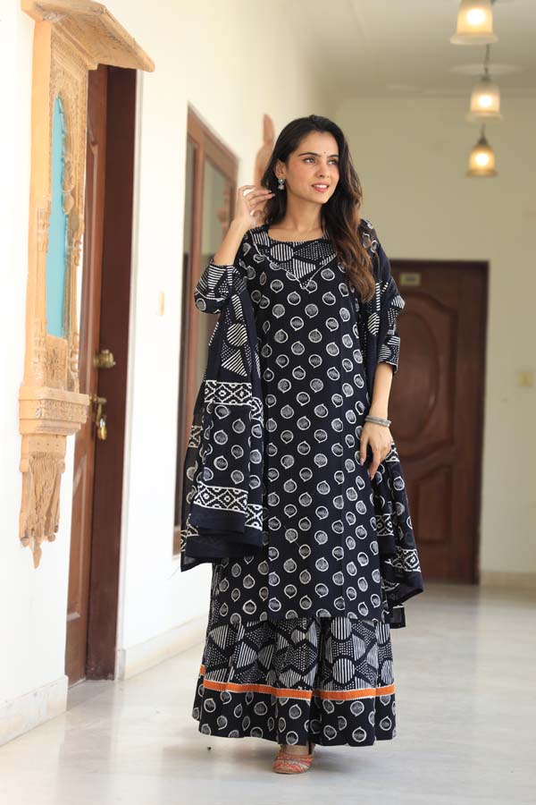 Dark Blue Long Kurta & Skirt With Dupatta