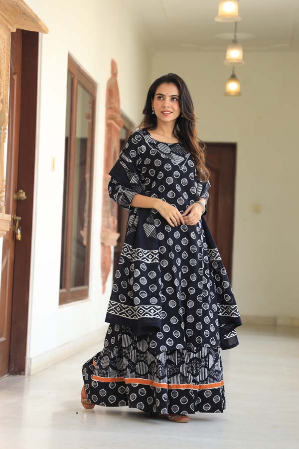 Dark Blue Long Kurta & Skirt With Dupatta