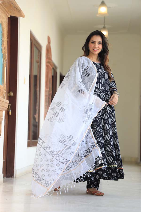 Charcoal Anarkali suit with Mulmul Dupatta