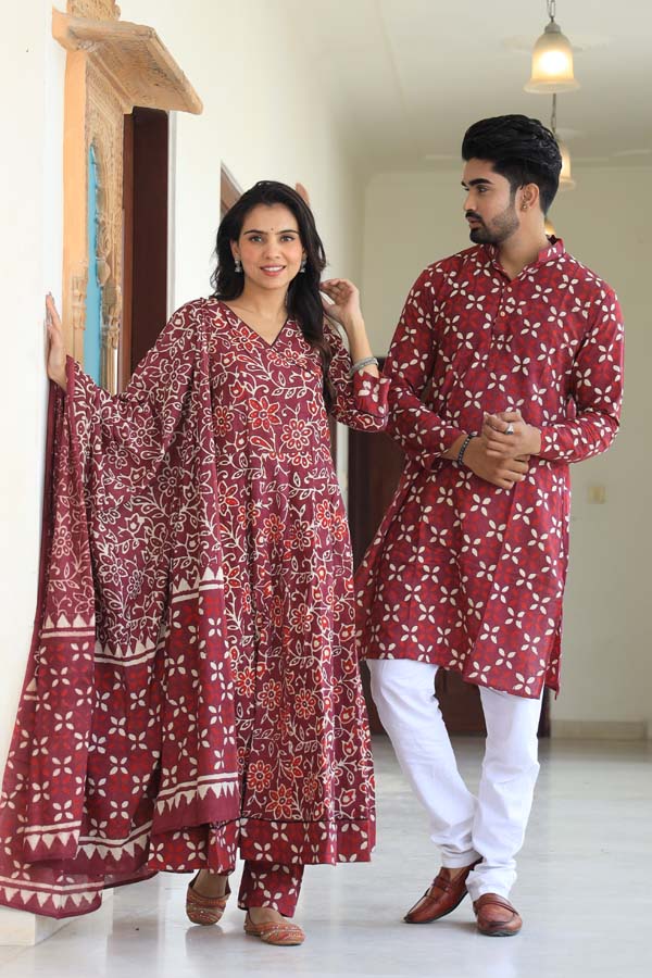 Wine Anarkali & Kurta Sets for couples