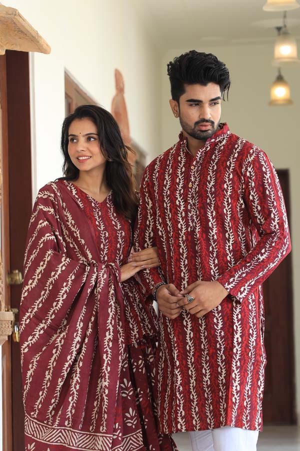 Wine Ethnic Women’s Chaniya Choli & Men’s Kurta set