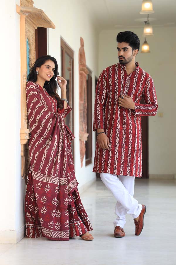 Wine Ethnic Women’s Chaniya Choli & Men’s Kurta set