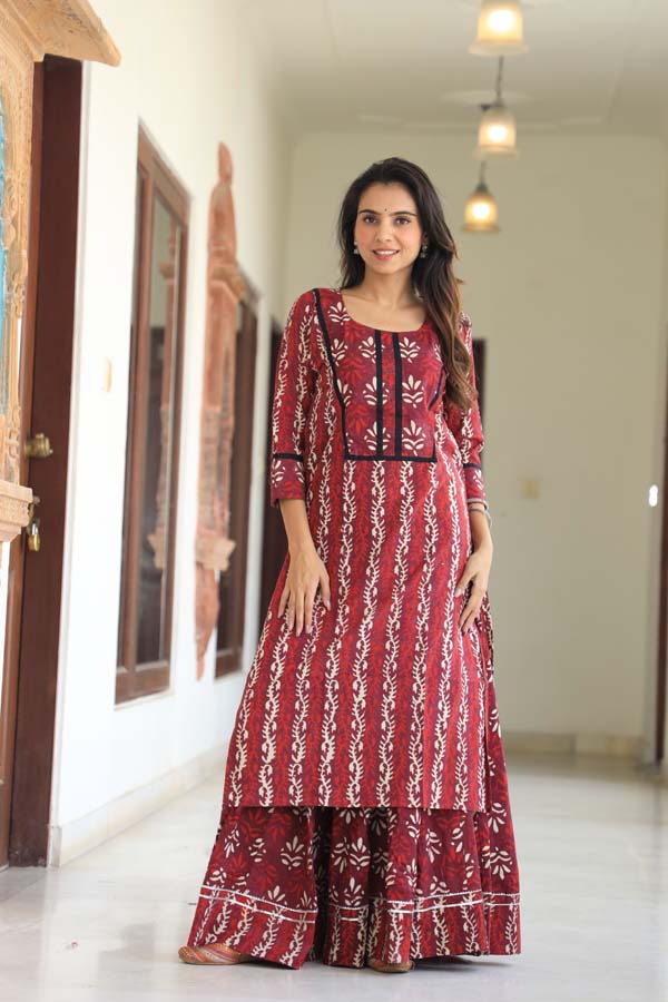 Wine Long Kurta & Skirt With Dupatta