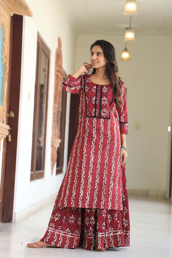 Wine Long Kurta & Skirt With Dupatta