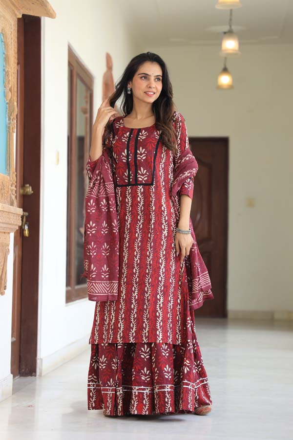 Wine Long Kurta & Skirt With Dupatta