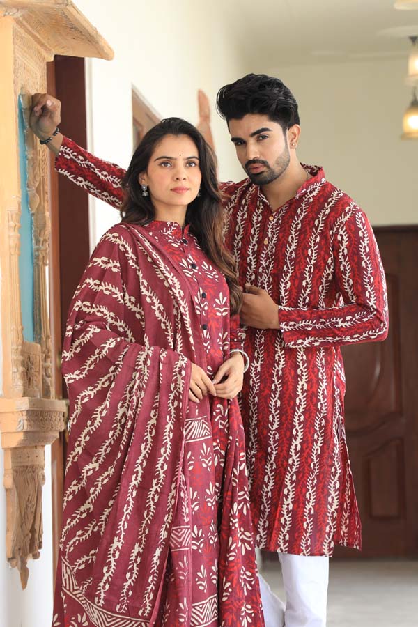 Wine Anarkali & Kurta Sets for couples