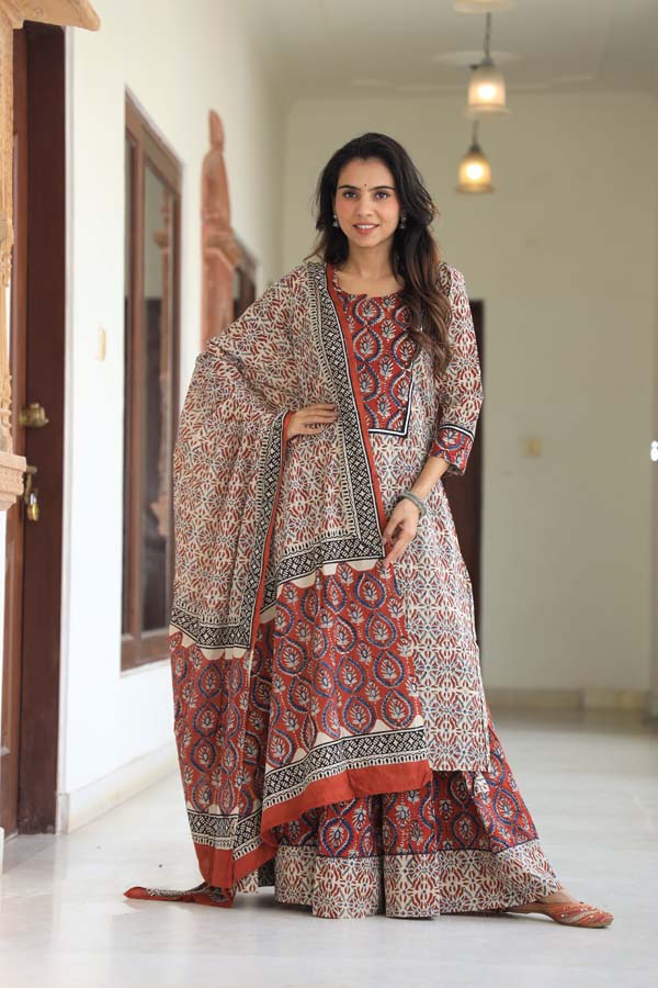 Copper Rose Long Kurta & Skirt With Dupatta