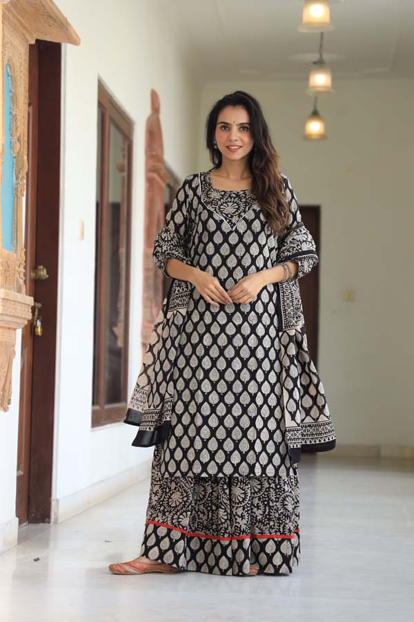 Dim Gray Long Kurta & Skirt With Dupatta