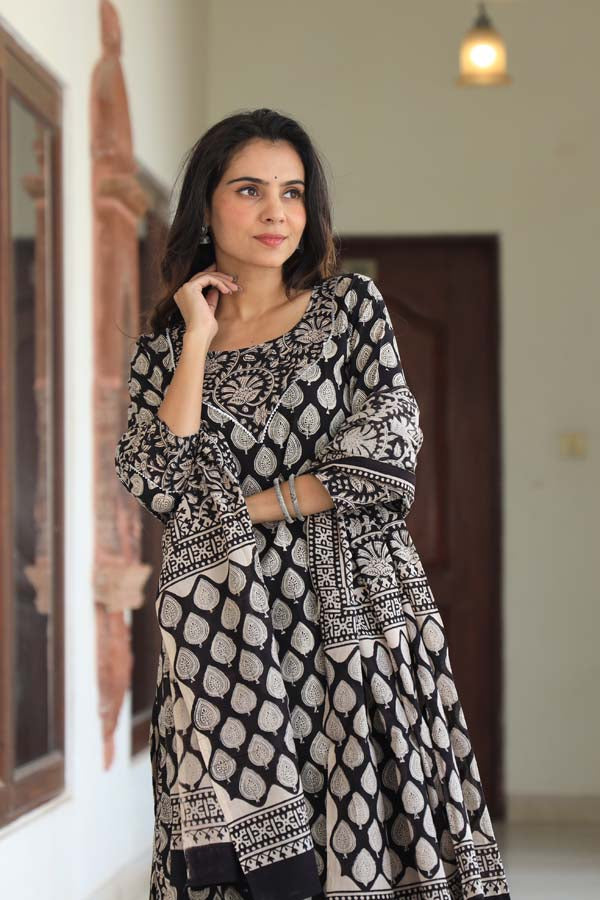 Dim Gray Long Kurta & Skirt With Dupatta