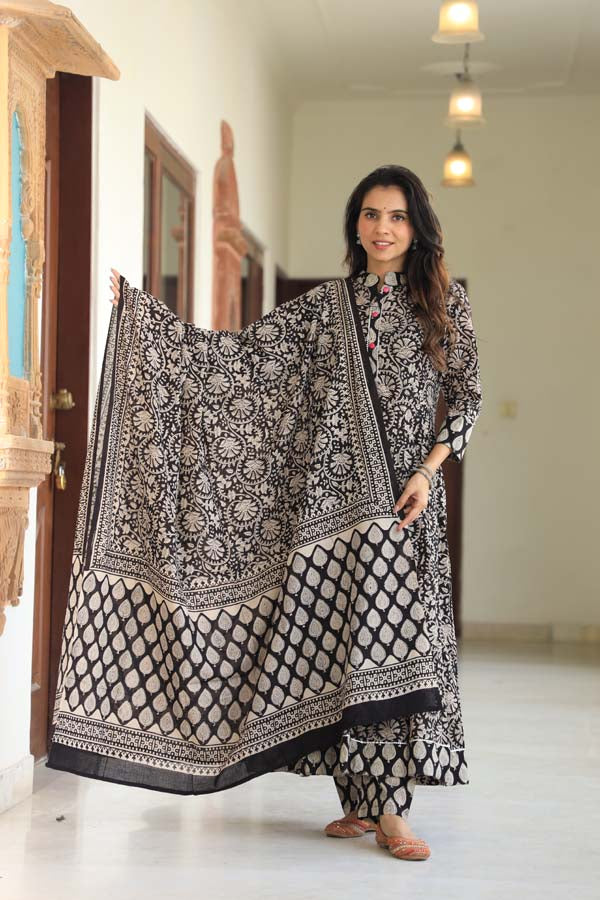 Dark Gray Lava Anarkali suit with Mulmul Dupatta