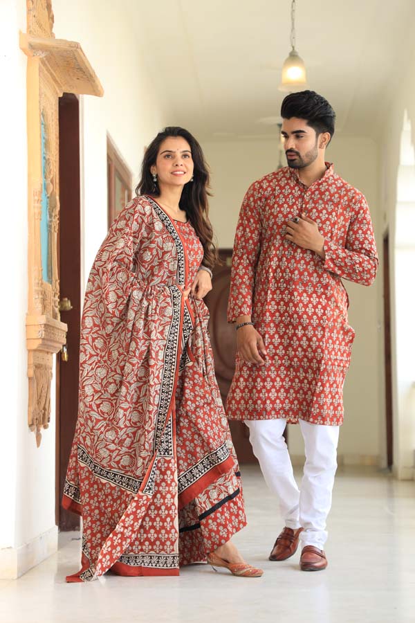 Red Brown Ethnic Women’s Chaniya Choli & Men’s Kurta set