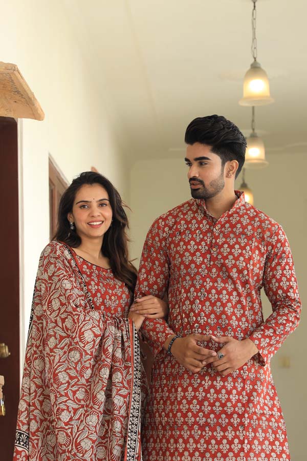 Red Brown Ethnic Women’s Chaniya Choli & Men’s Kurta set