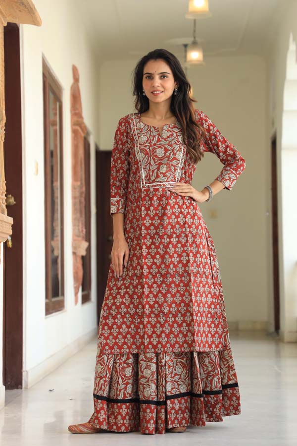 Copper Rose Long Kurta & Skirt With Dupatta