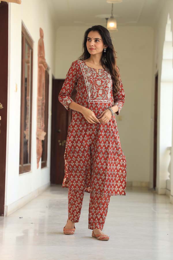 Red Brown Long Kurta Set