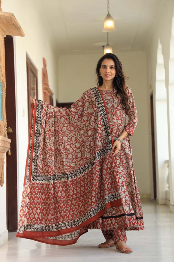 Deep Coffee Anarkali suit with Mulmul Dupatta