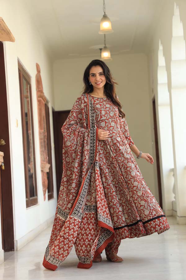 Deep Coffee Anarkali suit with Mulmul Dupatta