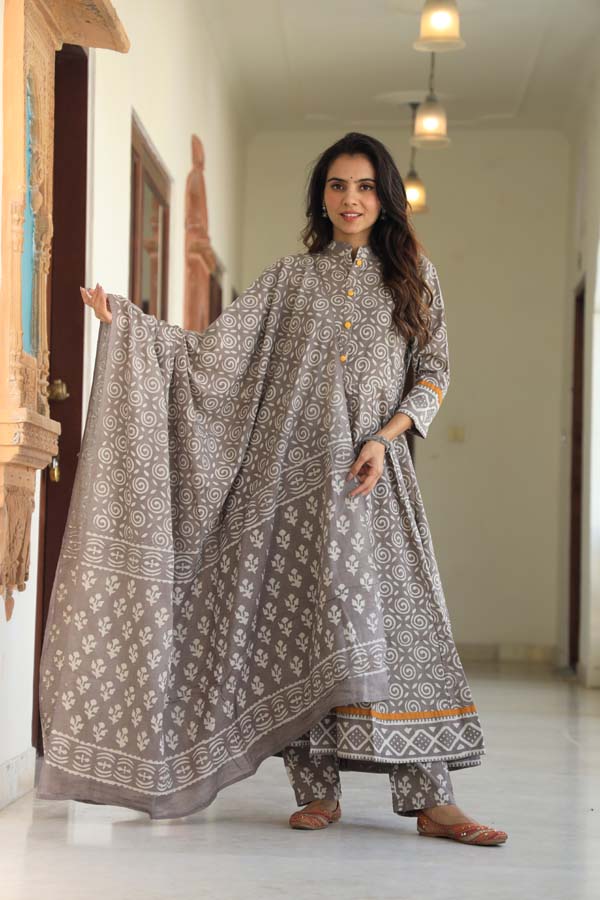 Silver Anarkali suit with Mulmul Dupatta